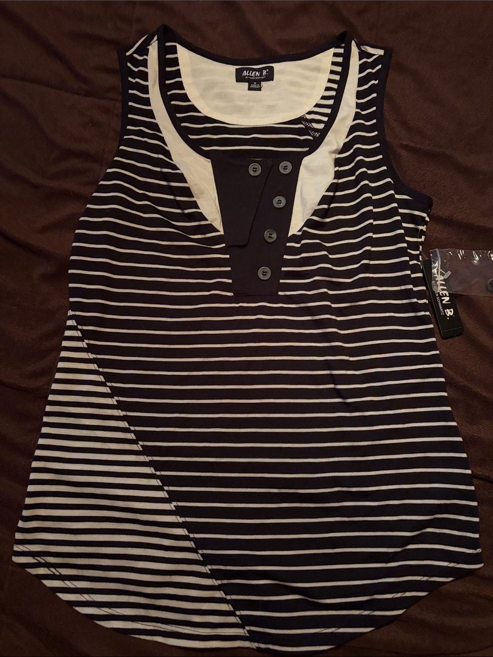 Allen B. By Allen Schwartz Black and White Striped Sleeveless Henley Tank
